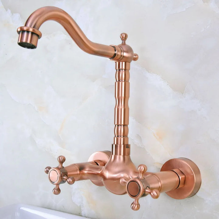 Wall Mounted Antique Red Copper Brass Bathroom Kitchen Swivel Spout Faucet Mixer Water Tap anf945