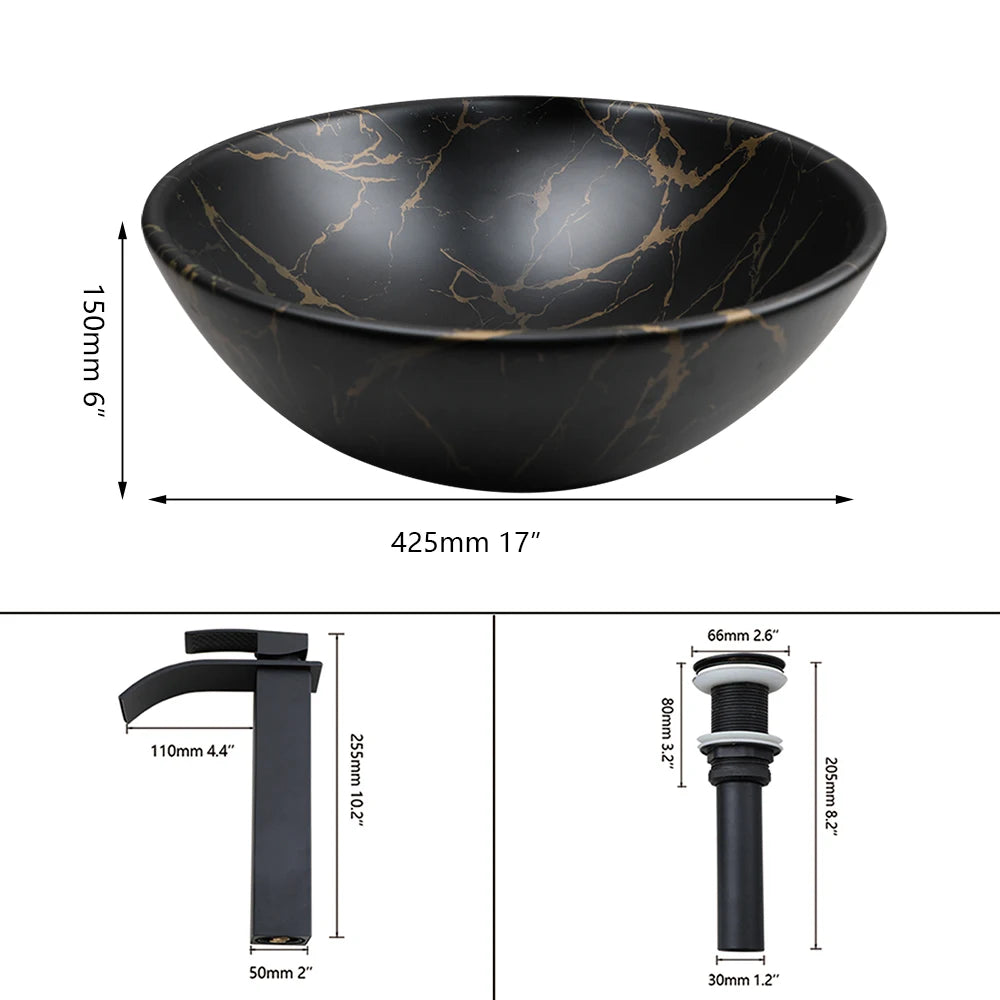 TORAYVINO Ceramic Bathroom Basin Sink Faucet Set Matter Black Vessel Vanity Top Sink Waterfall 2 Hole Single Handle Faucet Mixer