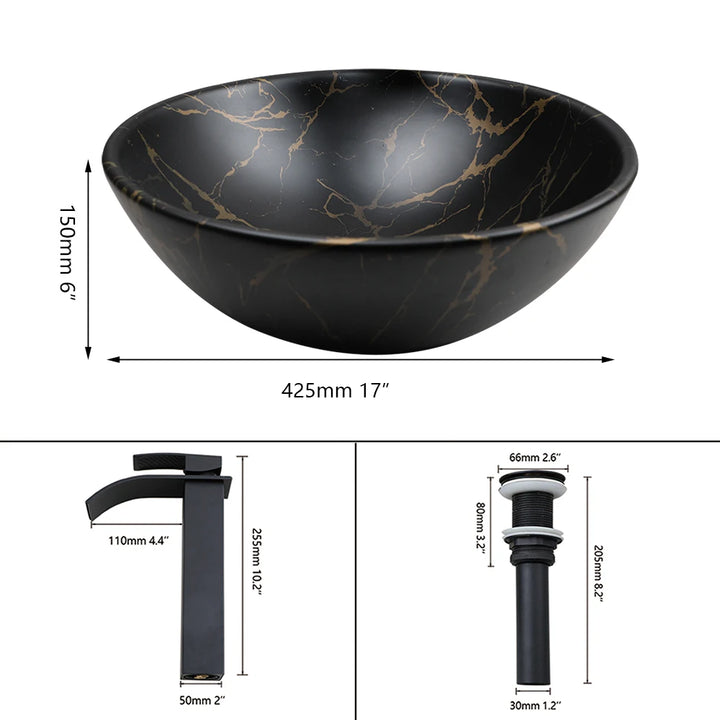 TORAYVINO Ceramic Bathroom Basin Sink Faucet Set Matter Black Vessel Vanity Top Sink Waterfall 2 Hole Single Handle Faucet Mixer