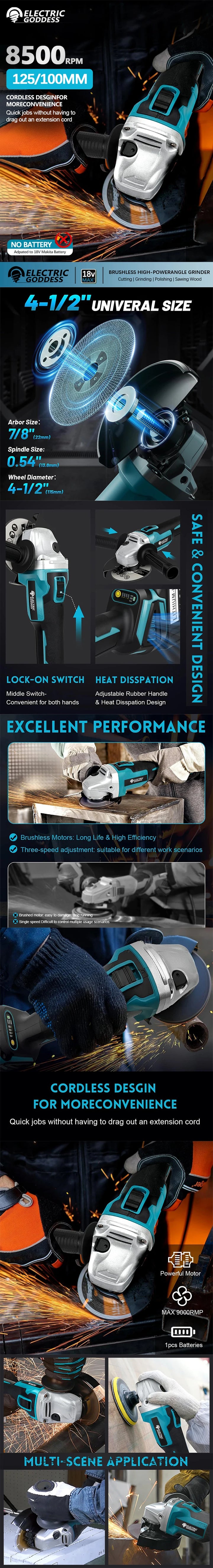 125/100mm Brushless Angle Grinder Polishing Cutting Machine Cordless Angle Grinder Tool For Makita 18V Battery Pin