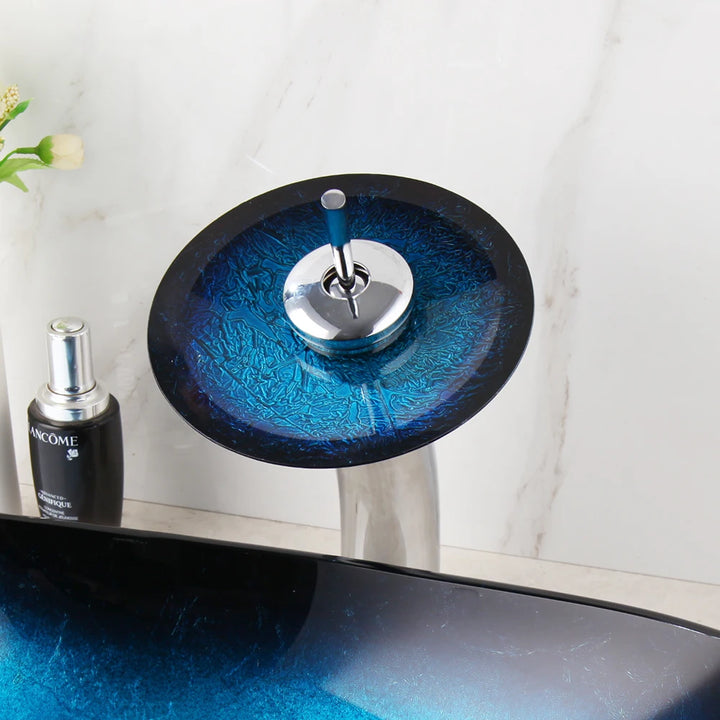 KEMAIDI Bathroom Sink Countertop Basin Bowl with Faucet Washroom Vessel Vanity Sinks Tempered Glass Basin Washbasin Faucet Set