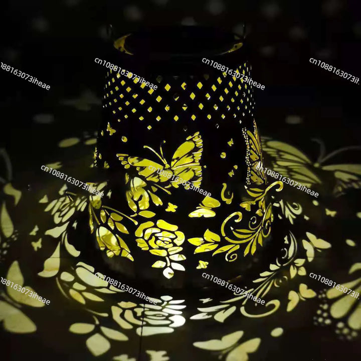 New solar butterfly projection light wrought iron hollow lantern garden atmosphere decorative light