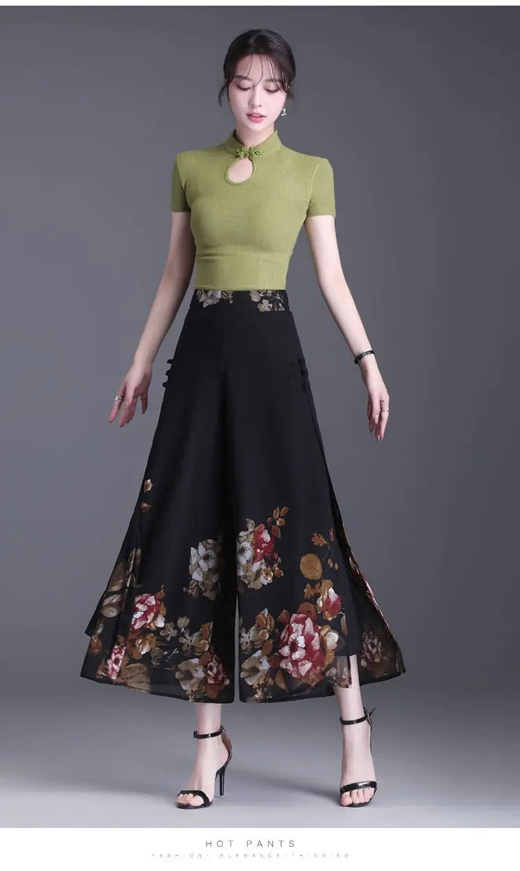 Thin Chinese Style Floral Chiffon Wide Leg Pants Women Tie Die Printed Button Loose High Waist Vintage Straight Trousers