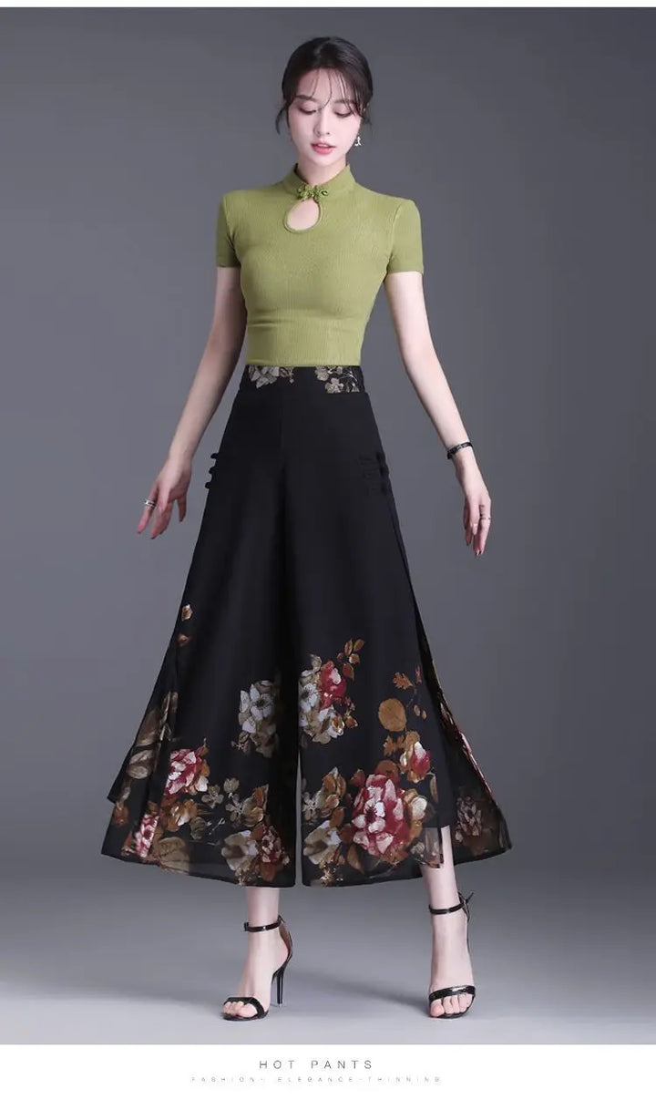 Thin Chinese Style Floral Chiffon Wide Leg Pants Women Tie Die Printed Button Loose High Waist Vintage Straight Trousers