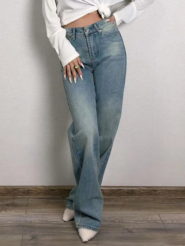 MiuKoMiYa Straight Leg Jeans For Women High Waist Gray Long Wide Denim Pants Vintage Blue Boyfriend Jeans