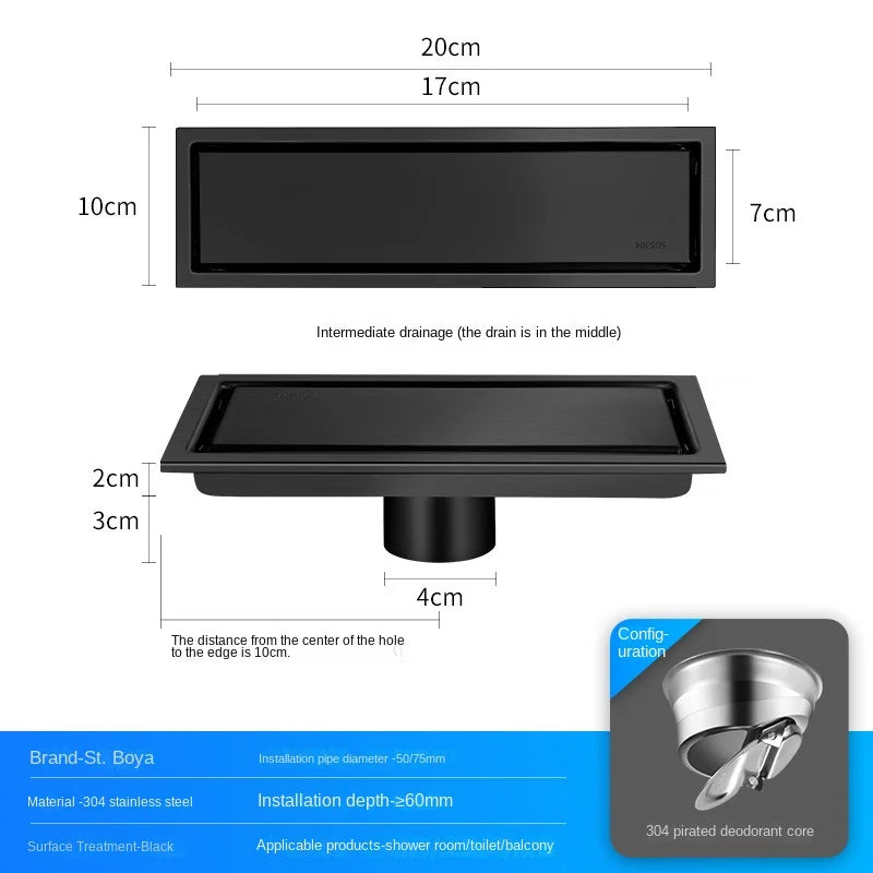 Luxury Hidden 304 Stainless Steel Rectangular Floor Drain Bathroom Toilet Drain Anti-Odor Filter Hair Extended Floor Drain