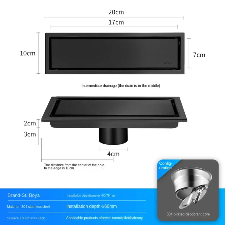 Luxury Hidden 304 Stainless Steel Rectangular Floor Drain Bathroom Toilet Drain Anti-Odor Filter Hair Extended Floor Drain