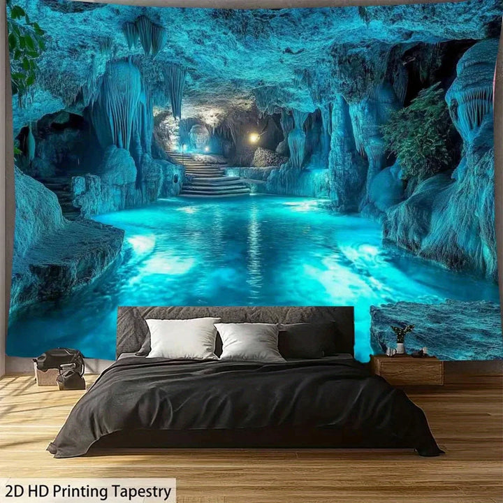 Stunning Blue Cave Underground Waterfall Digital Print Tapestry Wall Hanging