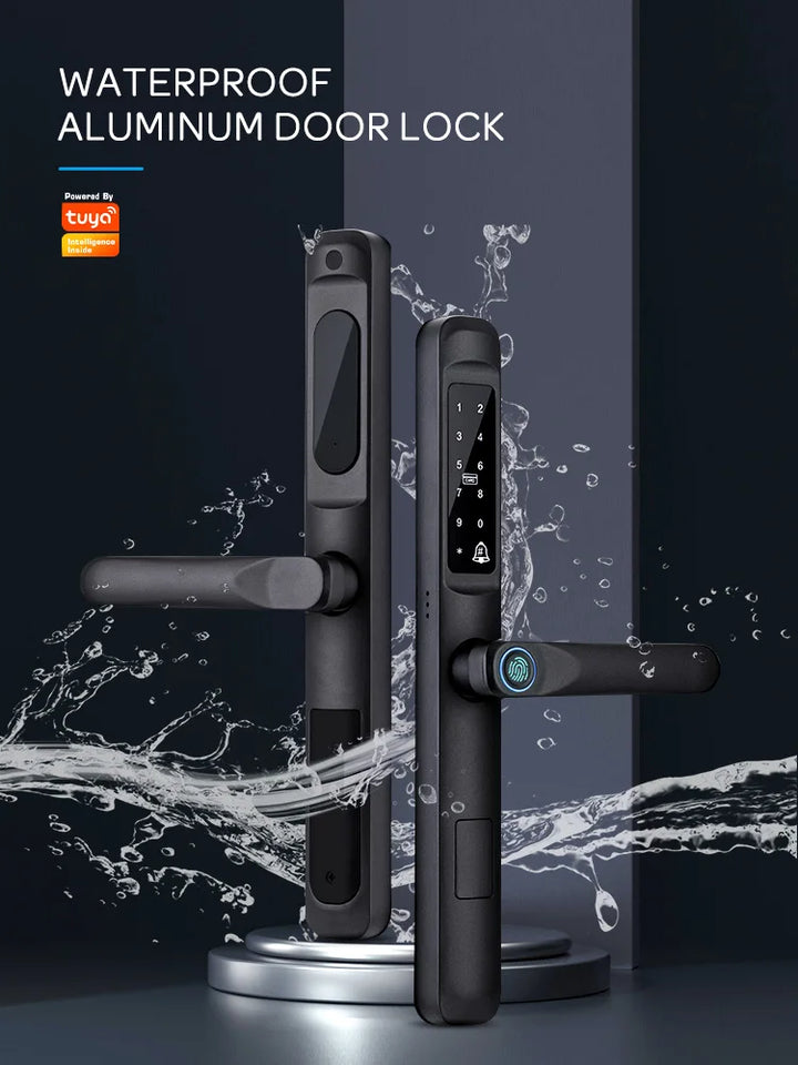 Tuya WiFi App waterproof Smart Door Lock Aluminum Biometric lock fingerprint door handle Digital Keyless lock for Glass Sliding