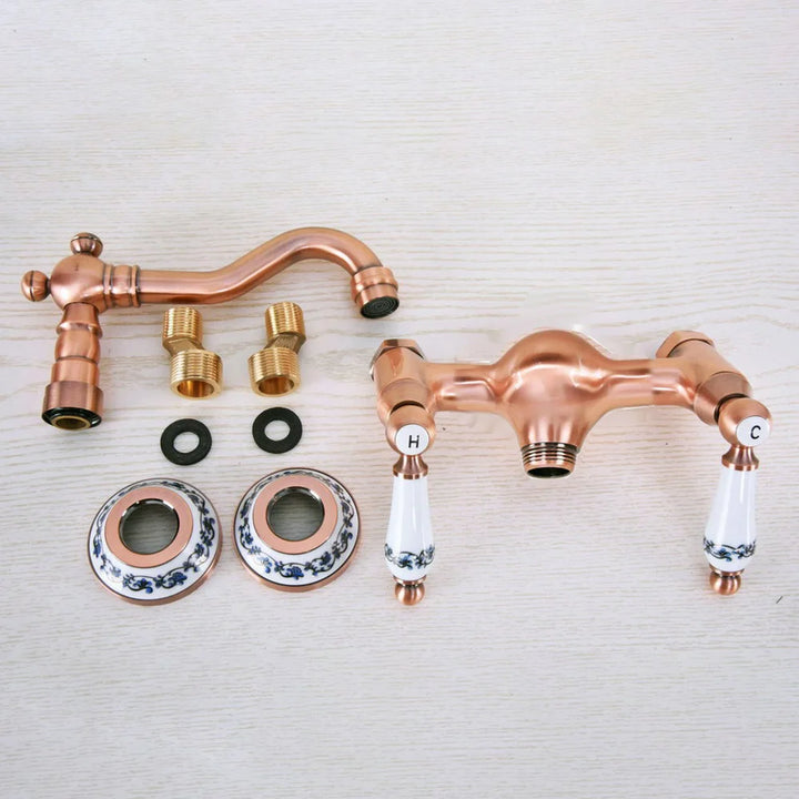 Antique Red Copper Brass Bathroom Kitchen Sink Faucet Mixer Tap Swivel Spout Wall Mounted Dual Ceramic Flower Levers Base mrg029