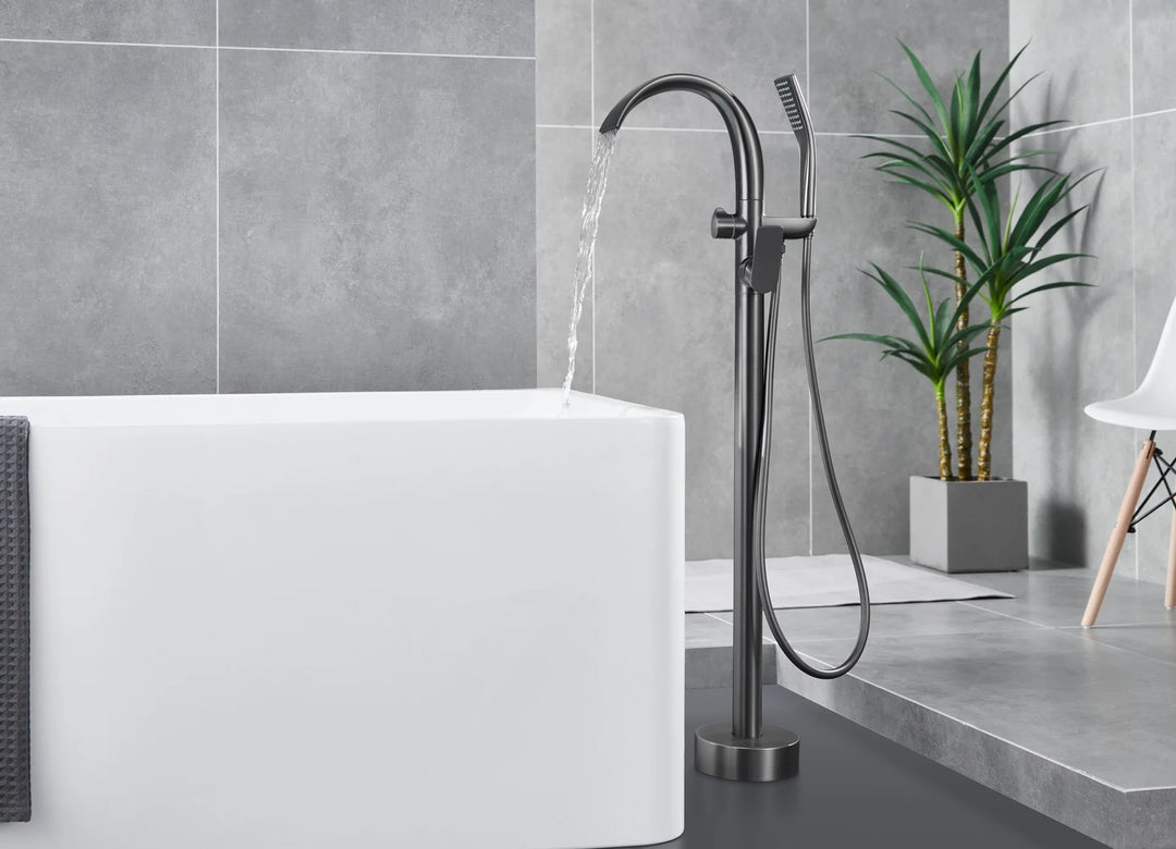Floor Stand Waterfall Bathtub Faucet Solid Brass Bathroom Bathtub Water Mixer with Hand Shower in Brushed Rose Gold, Black, Gold
