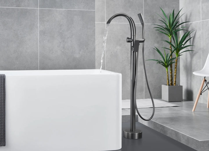 Floor Stand Waterfall Bathtub Faucet Solid Brass Bathroom Bathtub Water Mixer with Hand Shower in Brushed Rose Gold, Black, Gold