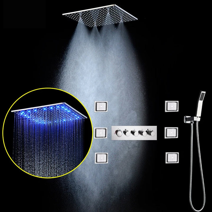hm Modern LED Shower Set 20Inch Ceiling Mist Rainfall Shower Head System Bathroom Thermostatic Shower Faucets Massage Body Jets