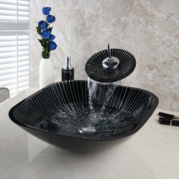 KEMAIDI Black Striped Tempered Glass Vessel Sink Set, Multi-Shape Bathroom Basin with Single-Handle Faucet Deck Mounted Vessel