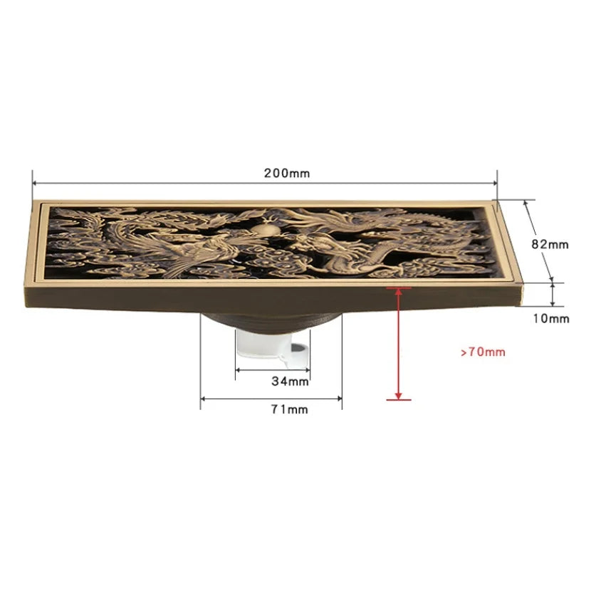 Bathroom Floor Drain Copper Antique Dragon Phoenix Picture Cover Large Displacement Floor Drain 20cm Long Strip Odor-Proof Drain