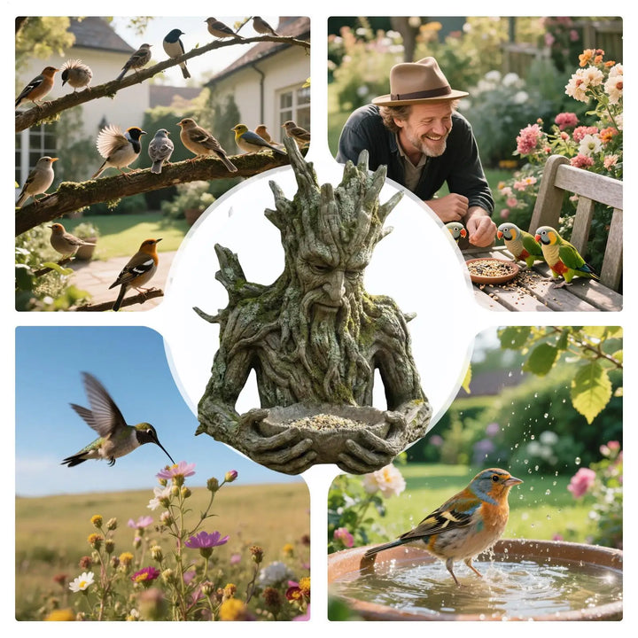 Mounted on Tree Bird Feeder Weatherproof Resin Decorative Tree Face Bird Feeder Birdseed Holder for Garden Backyard Art Decor