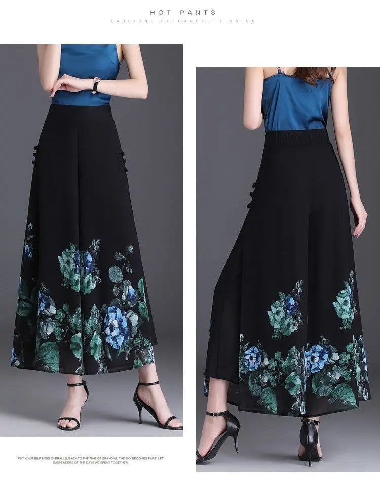 Thin Chinese Style Floral Chiffon Wide Leg Pants Women Tie Die Printed Button Loose High Waist Vintage Straight Trousers