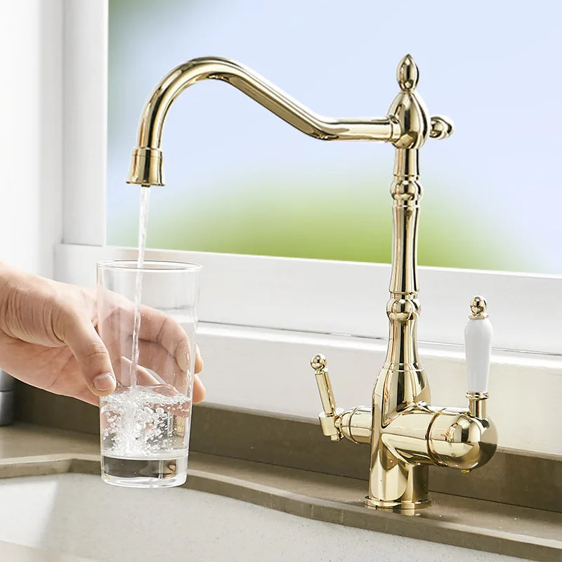 3 in 1 Kitchen Filter Faucet Pure Water 360 Rotation Kitchen sink Crane Dual Handle Dual Water Functions Mode Filter Mixer Taps