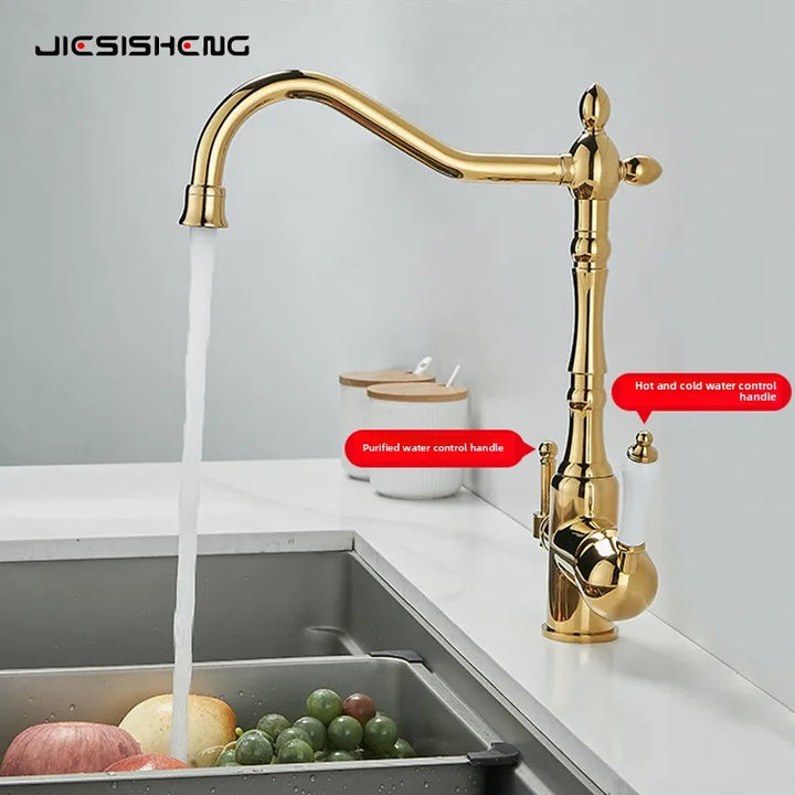 Brass light luxury three-in-one pure water faucet household sink washbasin hot and cold water faucet anti-splash