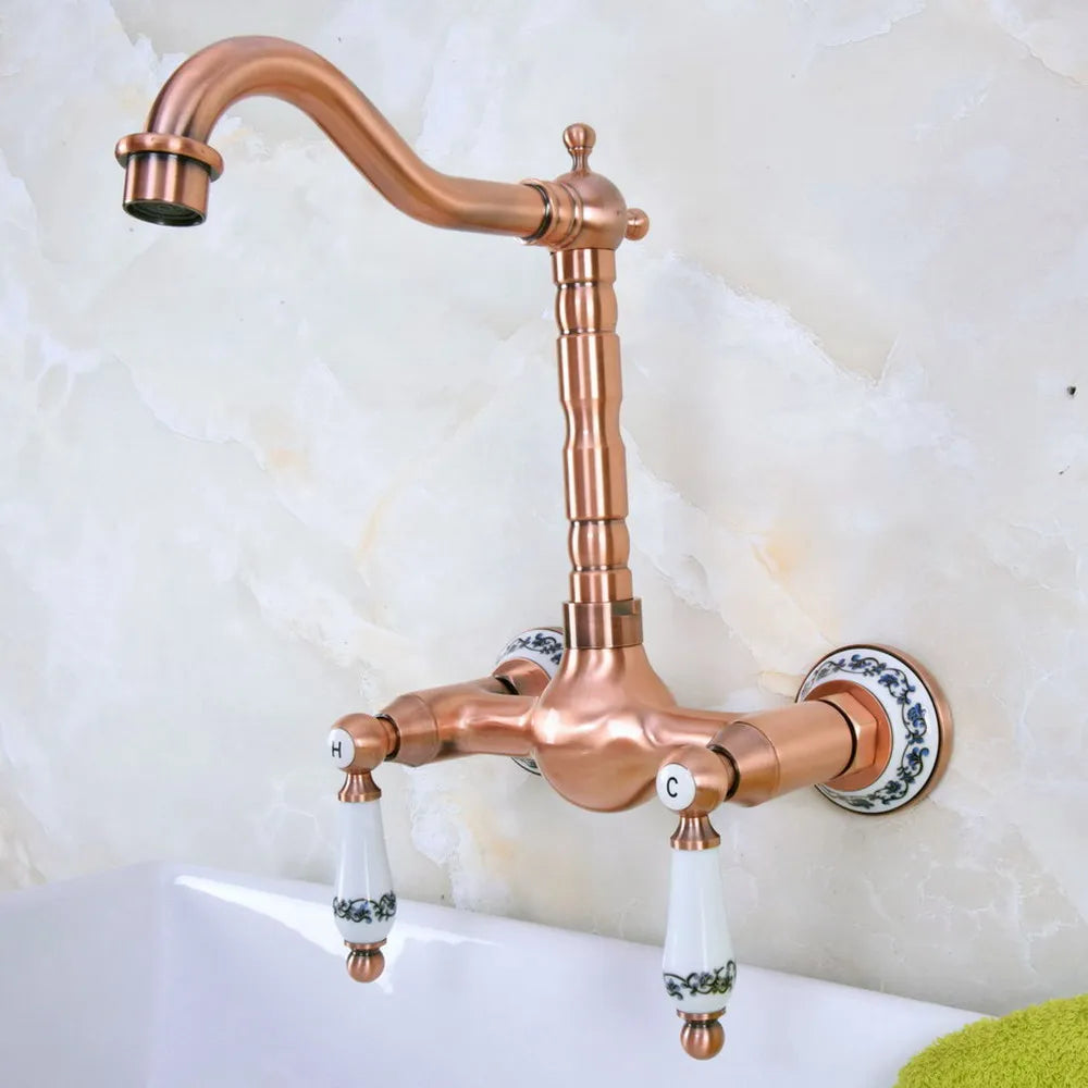 Wall Mounted Antique Red Copper Brass Bathroom Kitchen Swivel Spout Faucet Mixer Water Tap anf954