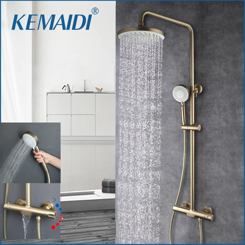 KEMAIDI Brushed Gold Thermostatic Shower System with Tub Spout  3-Functional Exposed Shower Faucet Mixer Fixtures Wall Mounted