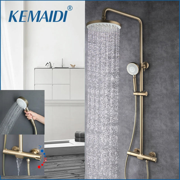 KEMAIDI Brushed Gold Thermostatic Shower System with Tub Spout  3-Functional Exposed Shower Faucet Mixer Fixtures Wall Mounted