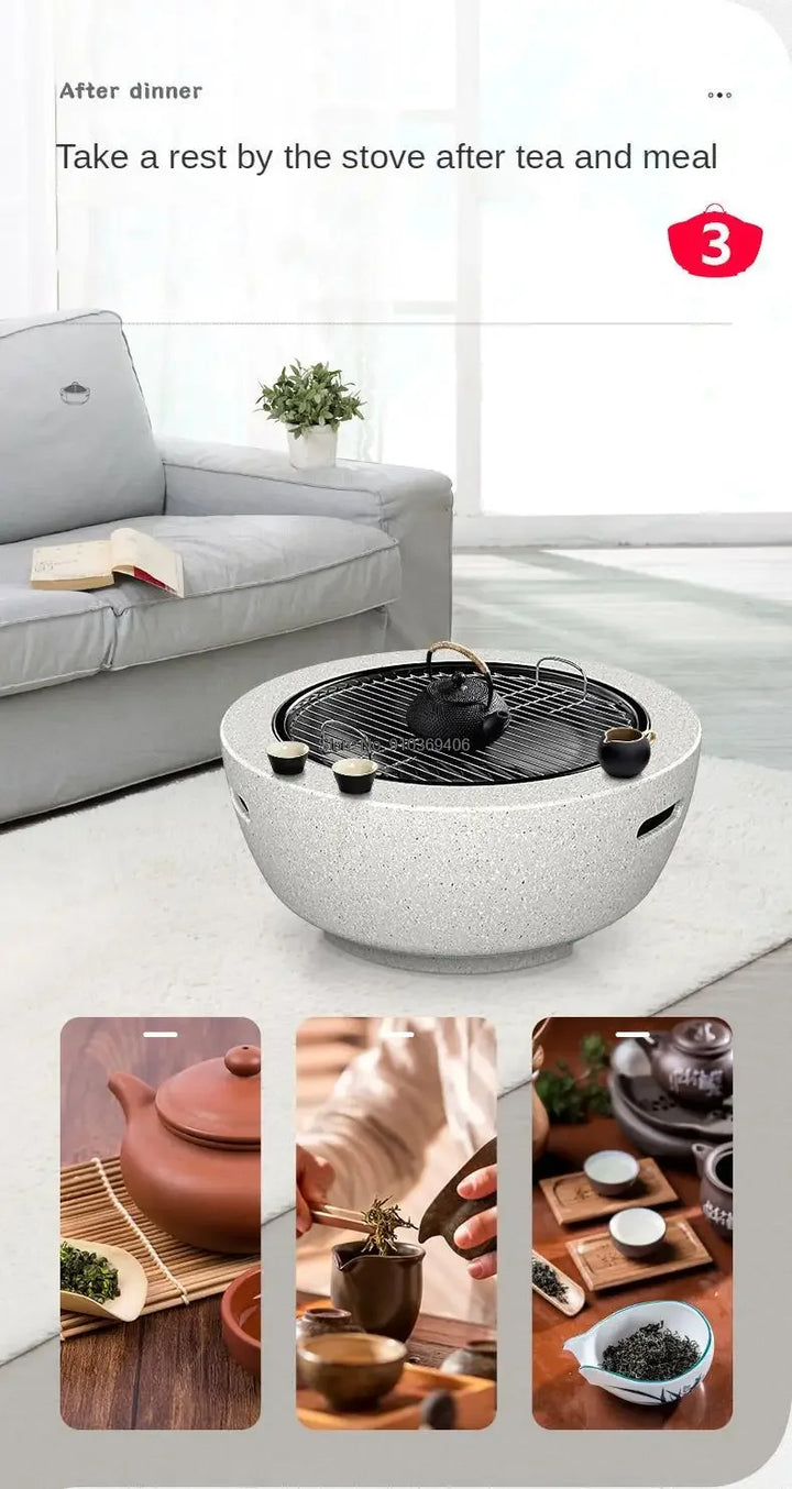 Round Outdoor Fire Pit Table Household Charcoal Brazier Garden Courtyard Barbecue Grill with Mesh Enclosure and Barbecue Net