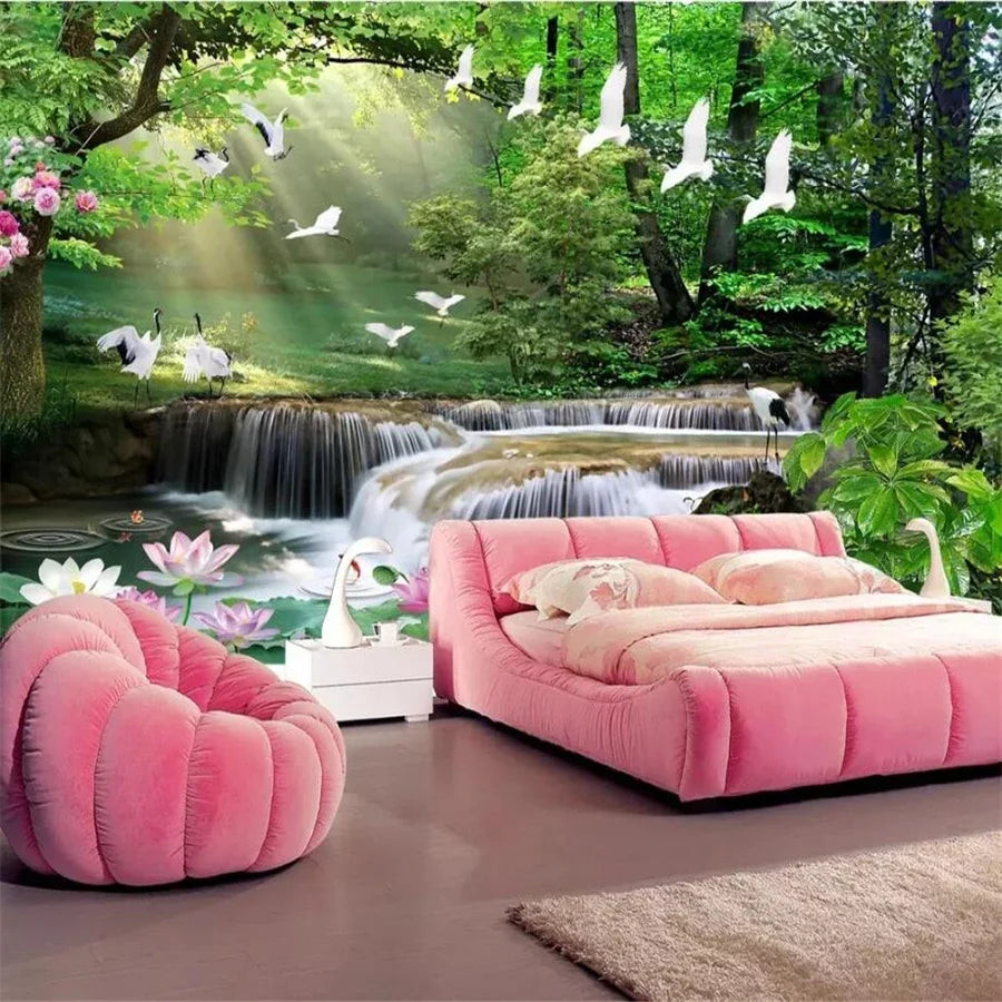 3D Custom Mural Wallpaper - Window Sea View with Red Flowers Stone Path Small Island Garden Lake Background wall for Home Decor