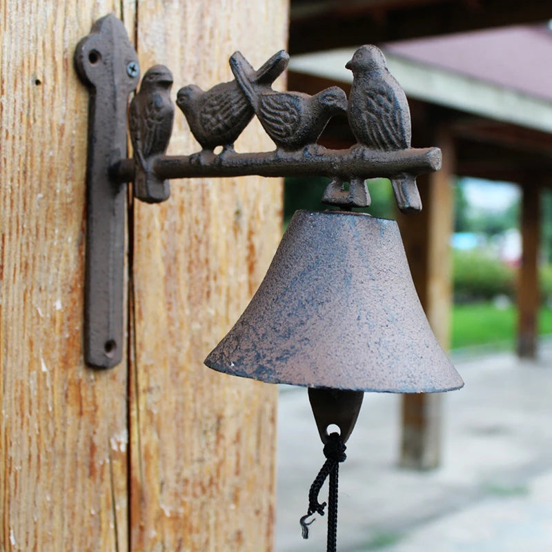Four Birds  on Branch BellCast Iron Hand Cranking Wall Bell Rustic Retro Wall Mounted Welcome Door Bell Home Garden