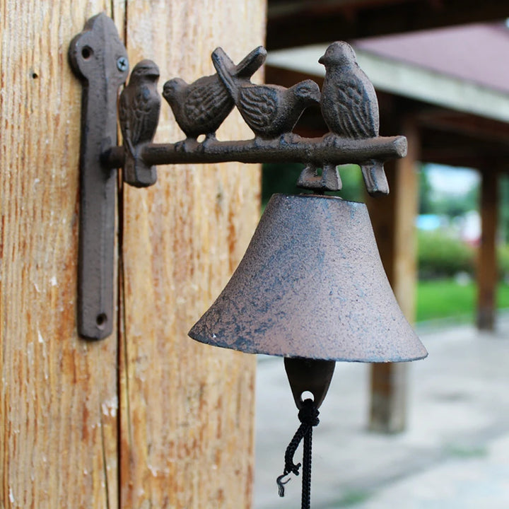 Four Birds  on Branch BellCast Iron Hand Cranking Wall Bell Rustic Retro Wall Mounted Welcome Door Bell Home Garden