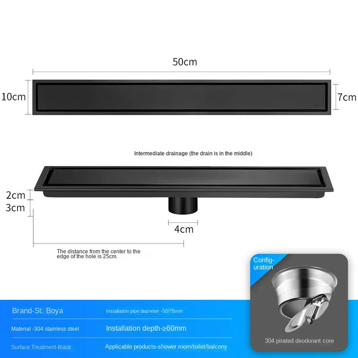 Luxury Hidden 304 Stainless Steel Rectangular Floor Drain Bathroom Toilet Drain Anti-Odor Filter Hair Extended Floor Drain