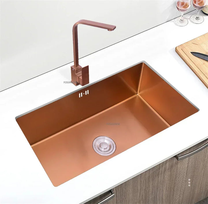 Rose Gold Stainless Steel Kitchen Sink Single Bowl Above Counter Vegetable Basin Modern Drain Storage Luxury