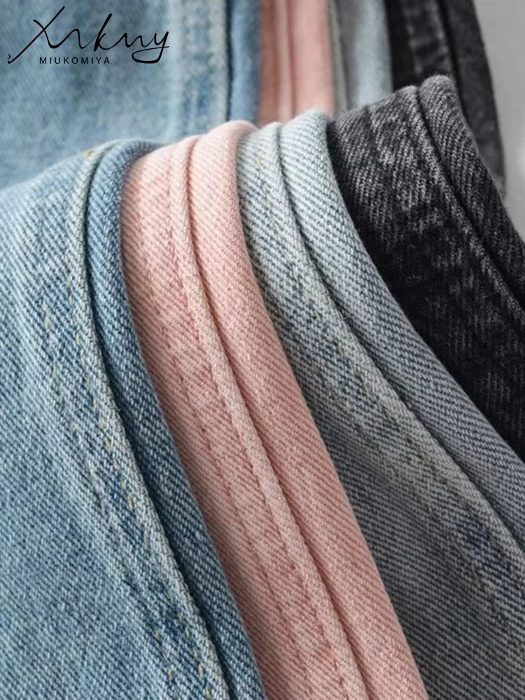 MiuKoMiYa Straight Leg Jeans For Women High Waist Gray Long Wide Denim Pants Vintage Blue Boyfriend Jeans