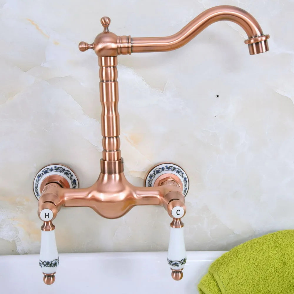 Wall Mounted Antique Red Copper Brass Bathroom Kitchen Swivel Spout Faucet Mixer Water Tap anf954