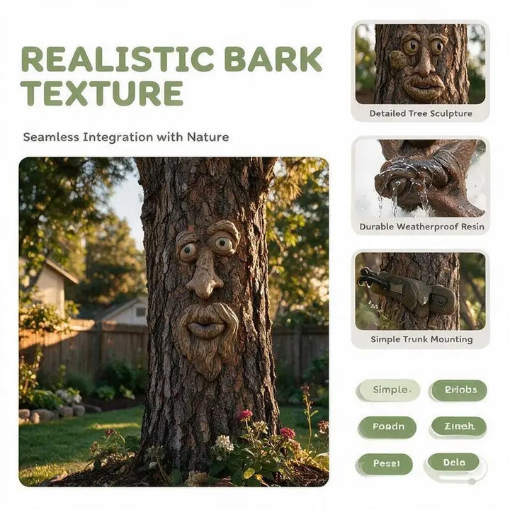 Whimsical Tree Face Resin Statue, Tree Hugger Decor with Bark Texture, Weatherproof Outdoor Garden Yard Ornament, Creative Tree