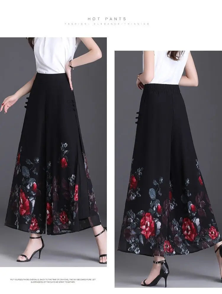 Thin Chinese Style Floral Chiffon Wide Leg Pants Women Tie Die Printed Button Loose High Waist Vintage Straight Trousers