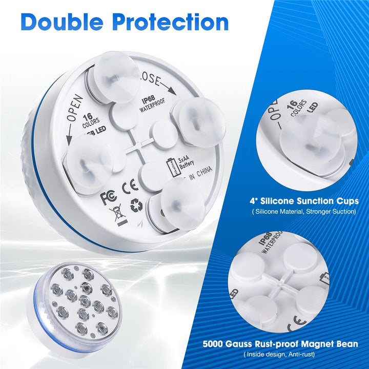 Updated Submersible LED Lights with Remote Underwater Pool Light IP68 Magnet 13 LED Bright Lamp RGB for Pond/Pool/Aquarium
