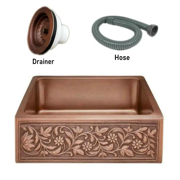 MAEBOW Antique Copper Regtangular Apron Front Single Bowl Artistic Kitchen Sink