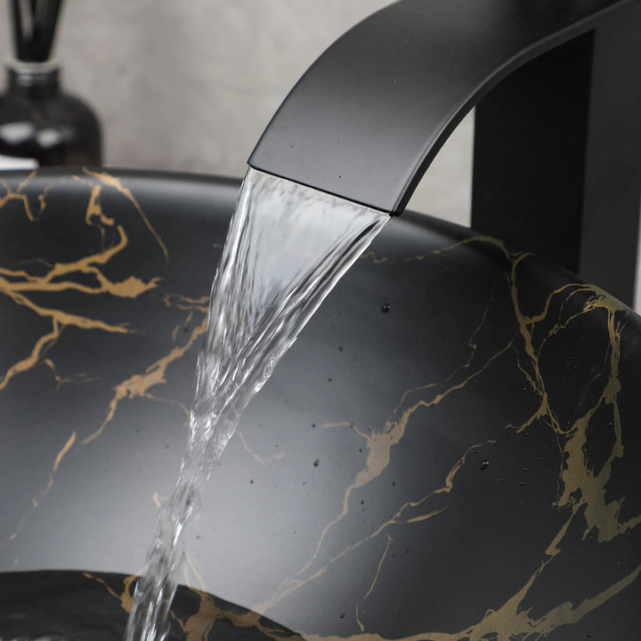 TORAYVINO Ceramic Bathroom Basin Sink Faucet Set Matter Black Vessel Vanity Top Sink Waterfall 2 Hole Single Handle Faucet Mixer