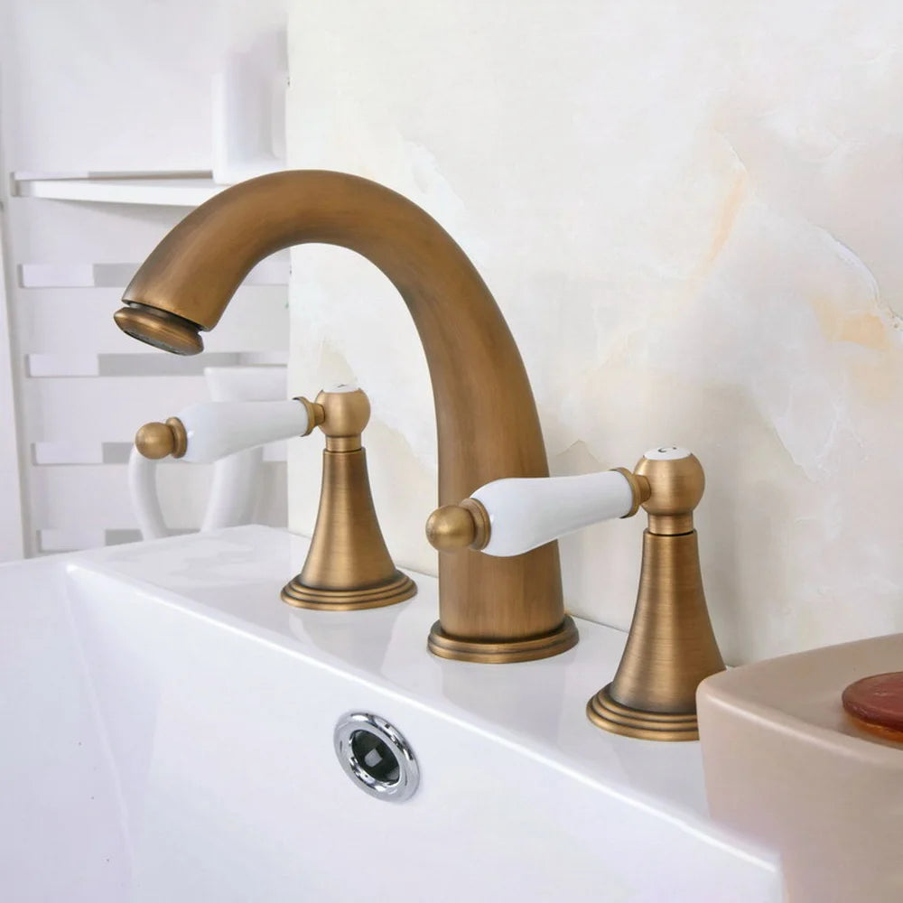 Antique Brass Widespread Bathroom Sink Faucet 3 Hole Basin Mixer Tap aan083