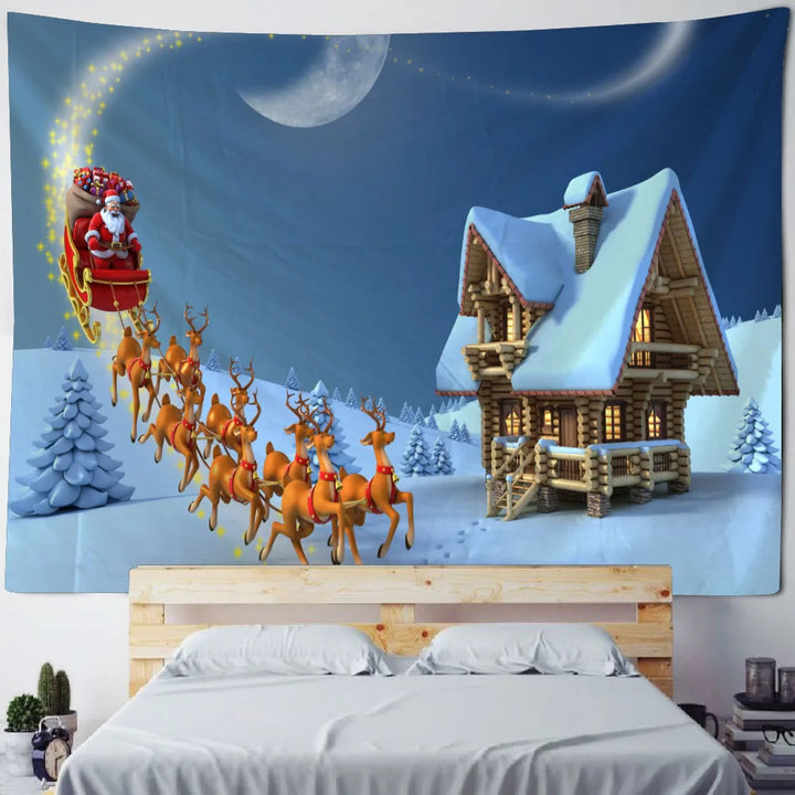 Christmas tapestry, winter snow view, Santa Claus, elk fireplace, room art decoration, wall hanging cloth,