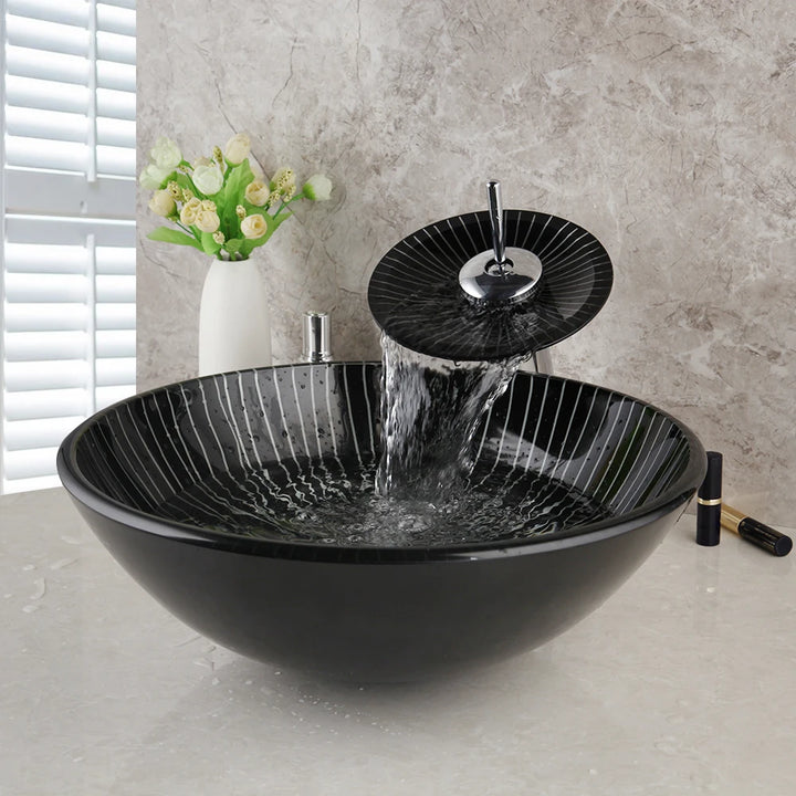 KEMAIDI Black Striped Tempered Glass Vessel Sink Set, Multi-Shape Bathroom Basin with Single-Handle Faucet Deck Mounted Vessel
