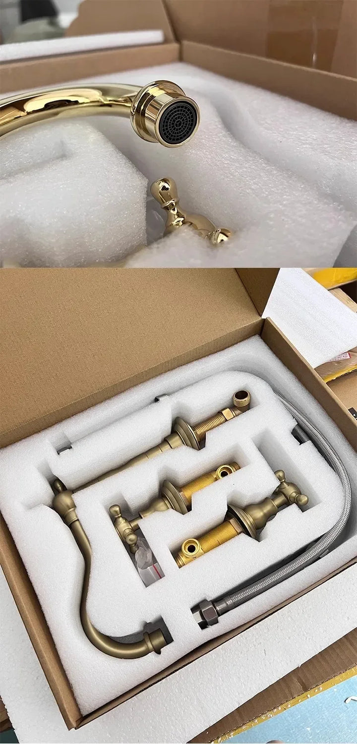 Luxury Gold Color Brass 3 Hole Basin Sink Faucet Dual Handle Hot and Cold Mixer Tap Plum Shape Nnf981