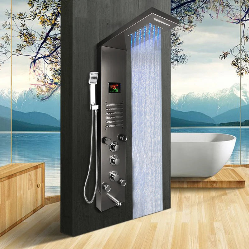 KEMAIDI Black Column  Shower Faucet Bath Shower System Temperature Digital Display LED Shower Panel Body Massage Jets 12 Choice