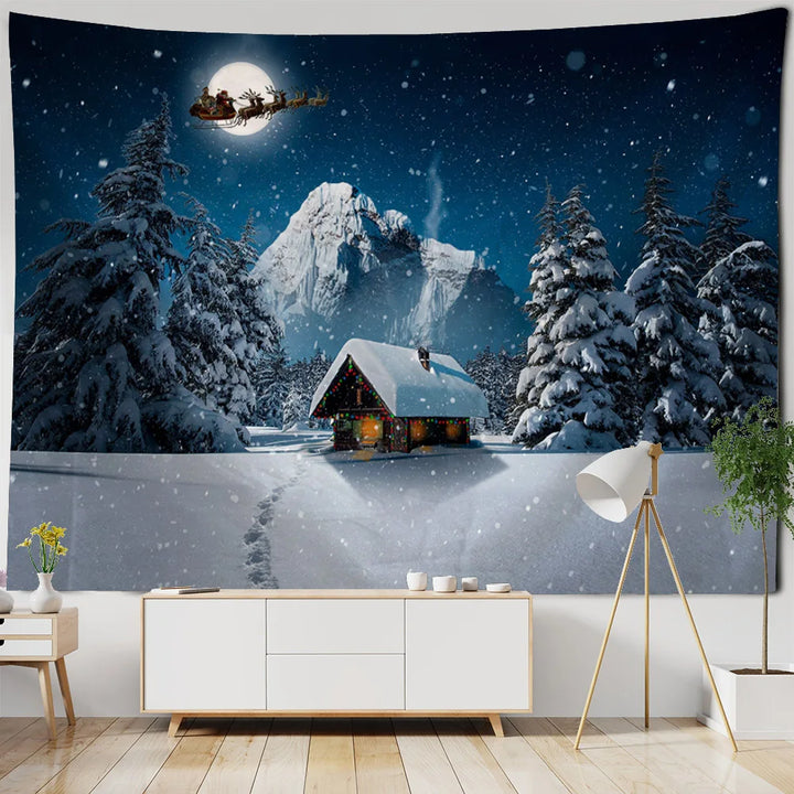 Christmas tapestry, winter snow view, Santa Claus, elk fireplace, room art decoration, wall hanging cloth,
