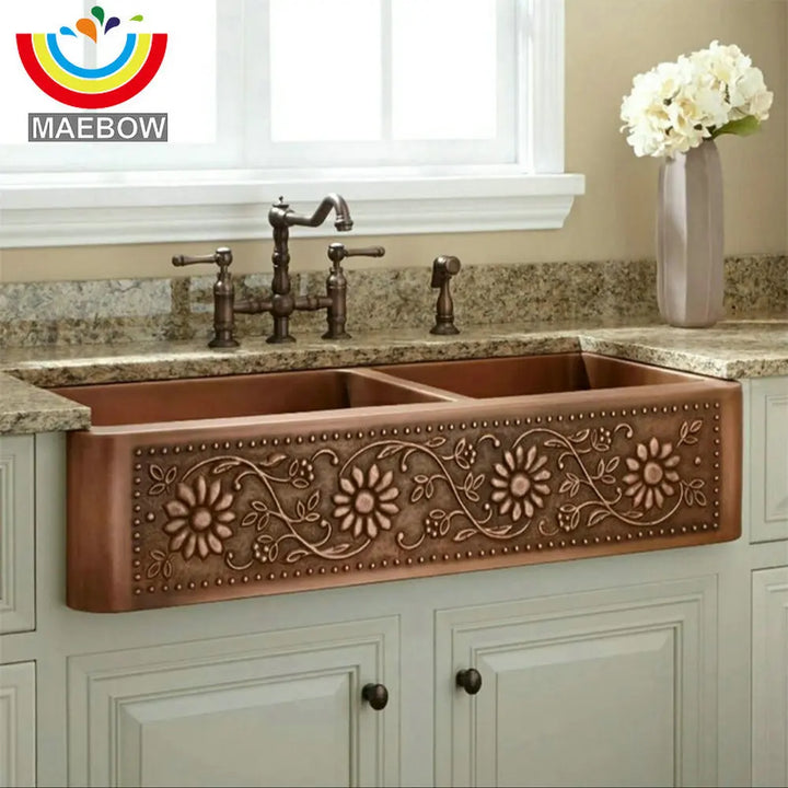 MAEBOW Antique Copper Regtangular Apron Front Double Bowls Artistic Kitchen Sink Farmhouse Sink