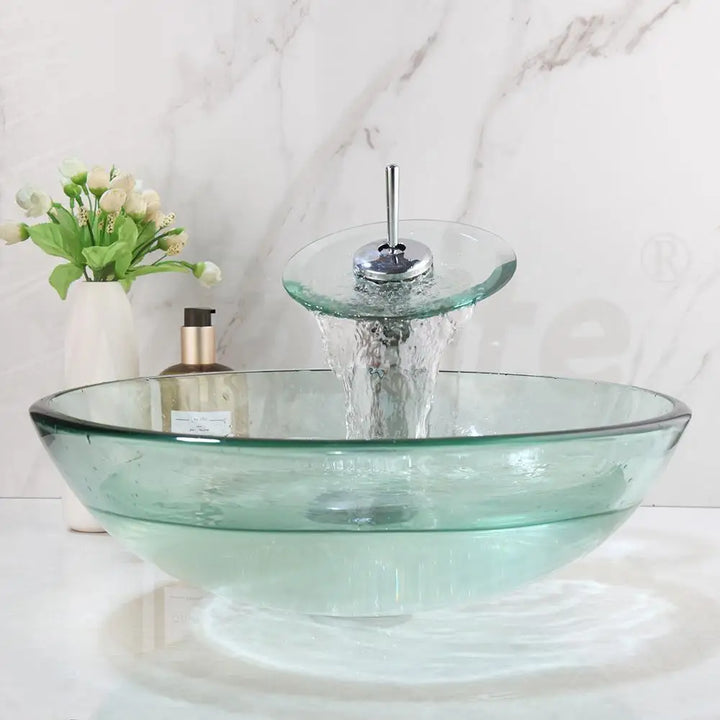 Monite Round Tempered Glass Bathroom Washbasin Sinks Countertop Transparent Glass Sink W/ Chrome Brass Waterfall Faucet Set
