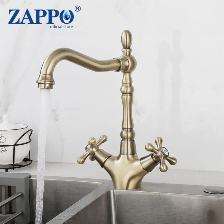ZAPPO Kitchen Sink Faucet Polish Chrome Double Cross Handle Mixer 360° Swivel Spout Kitchen Faucets Tap Hot and Cold Water Taps