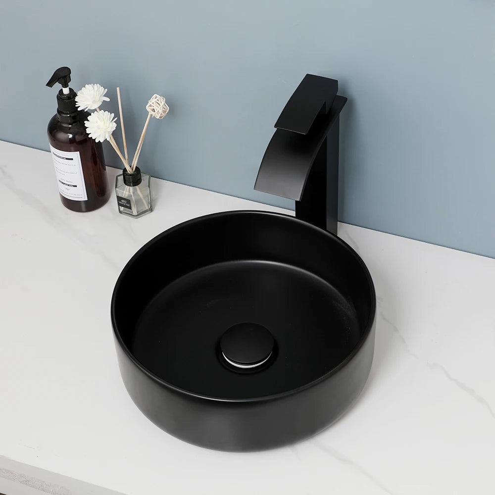 KEMAIDI Matte Black Bathroom Ceramic Washing Bowl Sink Above Counter Round Bathroom Sinks with Faucet Mixer Tap Set Deck Mounted