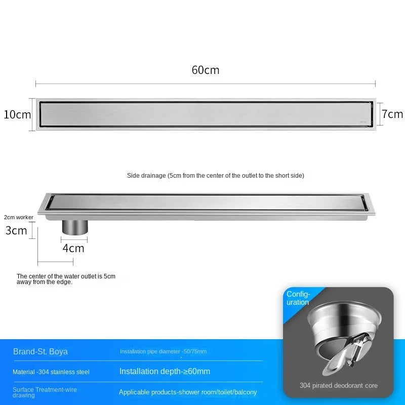 Luxury Hidden 304 Stainless Steel Rectangular Floor Drain Bathroom Toilet Drain Anti-Odor Filter Hair Extended Floor Drain